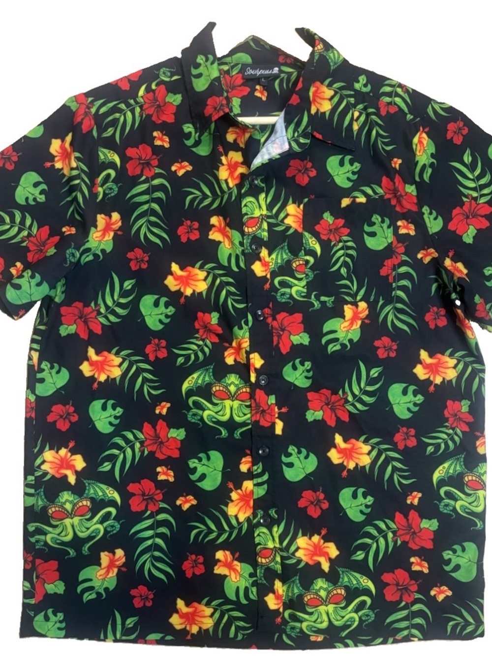 Sourpuss Cthulhu Hawaiian Shirt Men’s L Black Tropical Floral Button Up Aloha